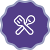 A purple and white icon of a spoon and fork.